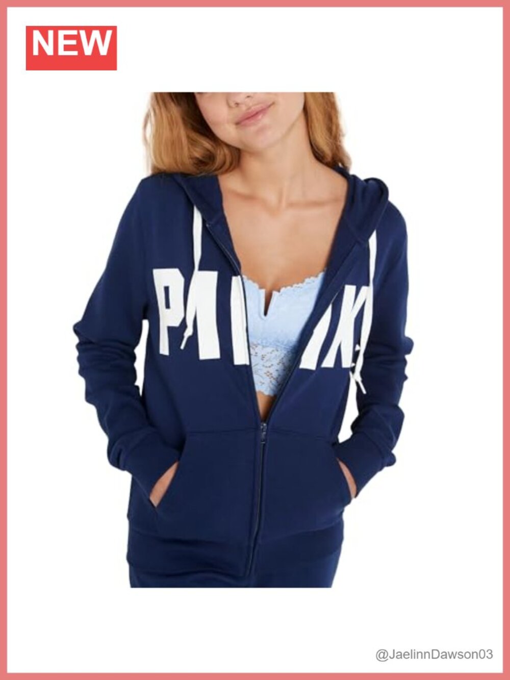 PINK Full Zip-Up Hoodie Relaxed Fit Sweatshirt Two Pockets